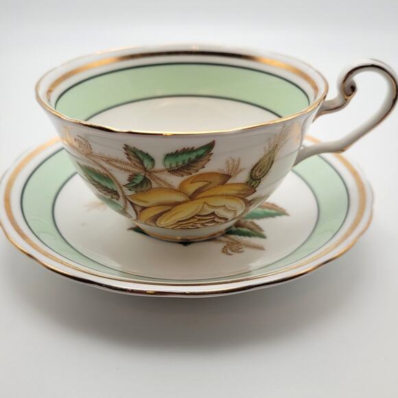 Vintage Victoria C & E Yellow Rose Mint Green Teacup & Saucer Set Bone China - Picture 1 of 9